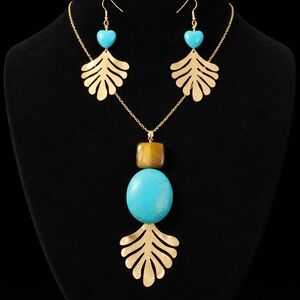 Turquoise & Tiger Eye Gold Leaf Pendant Necklace and Earring Set